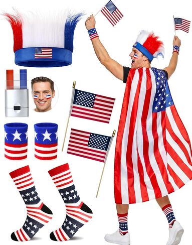 7Pcs American Flag Cape Costume,USA Patriotic Accessories Olympic Sports Cheering,4th of July Outfit,250th Anniversary Apparel Adjustable Hairy Headband Wigs,Socks,Wristbands,Face Body Paint Sticks in Saudi Arabia
