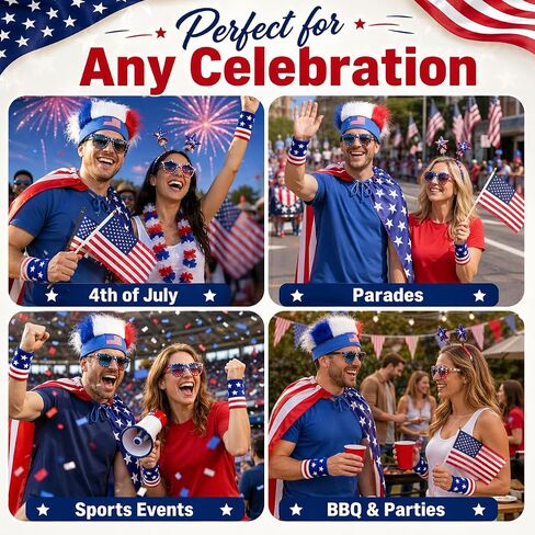 7Pcs American Flag Cape Costume,USA Patriotic Accessories Olympic Sports Cheering,4th of July Outfit,250th Anniversary Apparel Adjustable Hairy Headband Wigs,Socks,Wristbands,Face Body Paint Sticks in Saudi Arabia