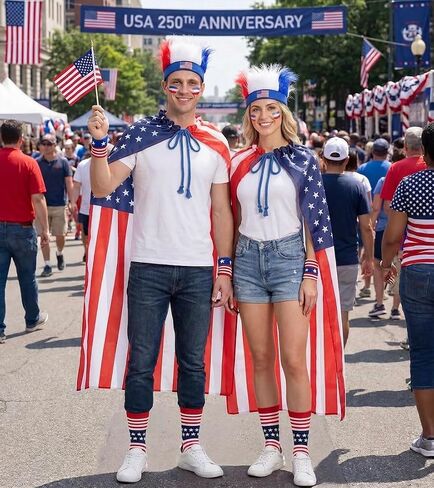7Pcs American Flag Cape Costume,USA Patriotic Accessories Olympic Sports Cheering,4th of July Outfit,250th Anniversary Apparel Adjustable Hairy Headband Wigs,Socks,Wristbands,Face Body Paint Sticks in Saudi Arabia