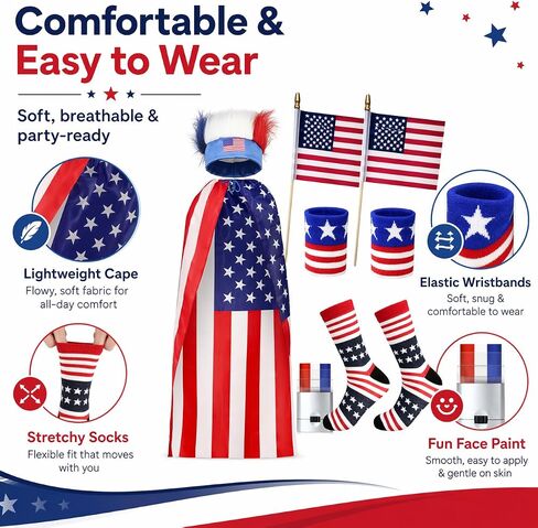 7Pcs American Flag Cape Costume,USA Patriotic Accessories Olympic Sports Cheering,4th of July Outfit,250th Anniversary Apparel Adjustable Hairy Headband Wigs,Socks,Wristbands,Face Body Paint Sticks in Saudi Arabia
