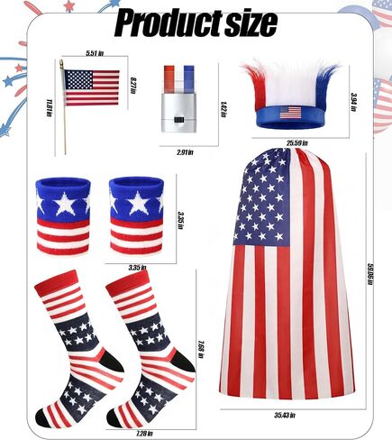 7Pcs American Flag Cape Costume,USA Patriotic Accessories Olympic Sports Cheering,4th of July Outfit,250th Anniversary Apparel Adjustable Hairy Headband Wigs,Socks,Wristbands,Face Body Paint Sticks in Saudi Arabia