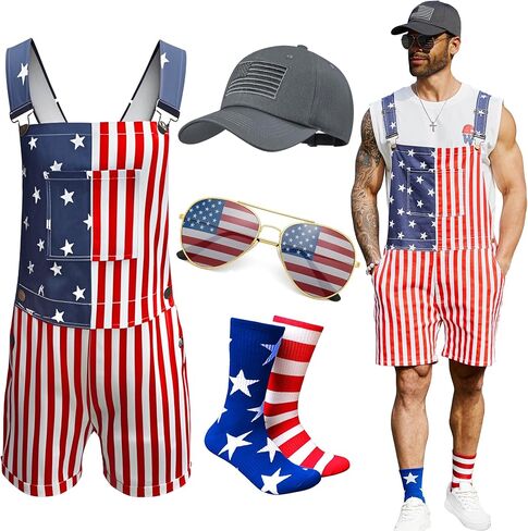 Odefou 4th of July Overalls Men,USA Hat,Patriotic Socks,American Flag Sunglasses,4 Pcs for Labor Independence Day in Saudi Arabia