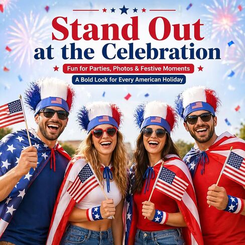 7Pcs American Flag Cape Costume,USA Patriotic Accessories Olympic Sports Cheering,4th of July Outfit,250th Anniversary Apparel Adjustable Hairy Headband Wigs,Socks,Wristbands,Face Body Paint Sticks in Saudi Arabia