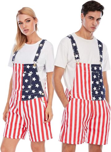 Unisex Patriotic American Flag Print Denim Bib Overall Shorts Jeans - Mens & Womens One Piece Jumpsuit in Saudi Arabia