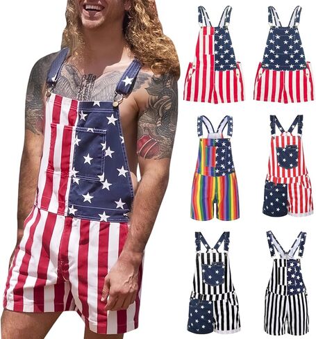 American Flag Overalls Men Women Unisex Adjustable Straps 4th Of July Overalls Patriotic Romper Shorts With Pockets in Kuwait