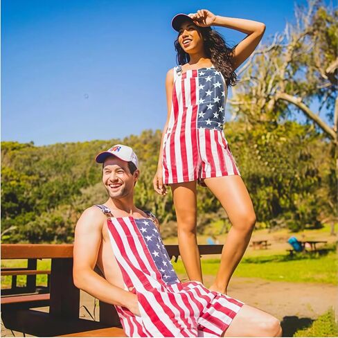 American Flag Overalls Men Women Unisex Adjustable Straps 4th Of July Overalls Patriotic Romper Shorts With Pockets in Kuwait