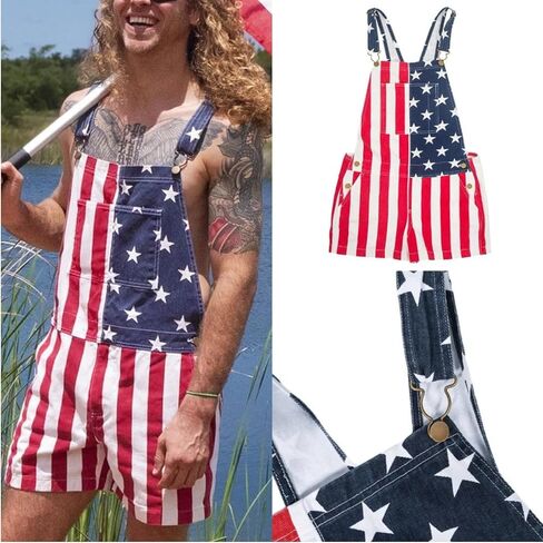 American Flag Overalls Men Women Unisex Adjustable Straps 4th Of July Overalls Patriotic Romper Shorts With Pockets in Kuwait