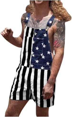American Flag Overalls Men Women Unisex Adjustable Straps 4th Of July Overalls Patriotic Romper Shorts With Pockets in Kuwait