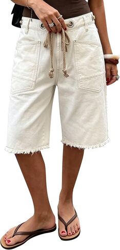 Flamingals Straight Leg Mid Rise Bermuda Shorts for Women Raw Hem Eyelet Drawstring Summer Casual Shorts with Patch Pockets in Kuwait