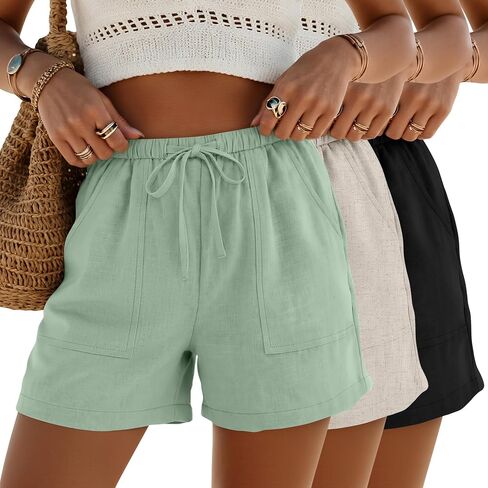 Ficerd 3 Pack Women's Linen Shorts Summer Casual Drawstring Shorts Baggy Wide Leg Trendy Beach Comfy Short with Pockets in Saudi Arabia