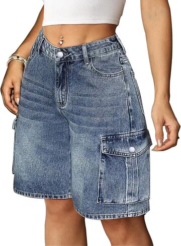 Eddoyee فضفاض برمودا البضائع Jorts للنساء Y2K طويل الركبة طول بسط الدينيم شورتات جينز ملابس غير رسمية مع 6 جيوب in Kuwait