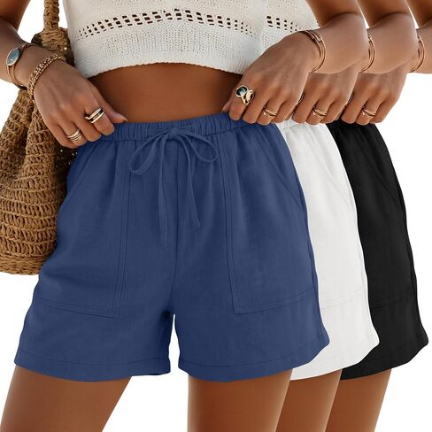 Ficerd 3 Pack Women's Linen Shorts Summer Casual Drawstring Shorts Baggy Wide Leg Trendy Beach Comfy Short with Pockets in Saudi Arabia