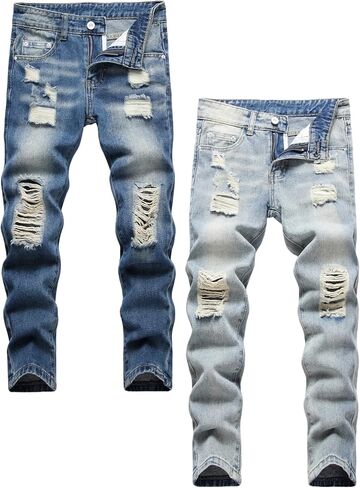 Boy's Blue Ripped Jeans 2-Pack Stacked Skinny Fit Destroyed Distressed Fashion Comfy Denim Jeans Pants US 8-16 in Kuwait