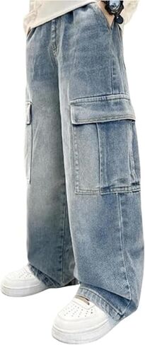 Boy's Baggy Wide Leg Jeans Straight Stretch Elastic Waist Loose Denim Pants with Pockets in Kuwait