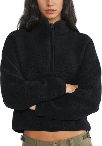 Womens Fleece Sweatshirts Cropped Half Zip Fuzzy Warm Sherpa Pullover Varsity Jackets with Zipper Pockets in Saudi Arabia