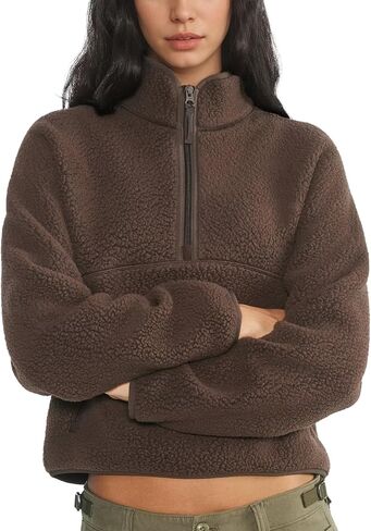 Womens Fleece Sweatshirts Cropped Half Zip Fuzzy Warm Sherpa Pullover Varsity Jackets with Zipper Pockets in Saudi Arabia