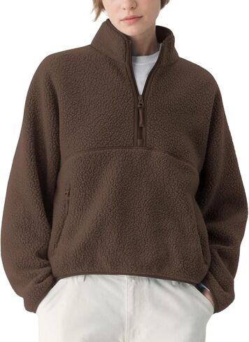 Womens Fleece Sweatshirts Cropped Half Zip Fuzzy Warm Sherpa Pullover Varsity Jackets with Zipper Pockets in Saudi Arabia