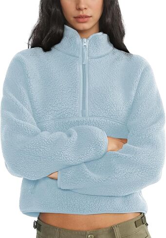 Womens Fleece Sweatshirts Cropped Half Zip Fuzzy Warm Sherpa Pullover Varsity Jackets with Zipper Pockets in Saudi Arabia