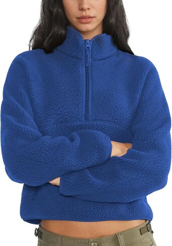 Womens Fleece Sweatshirts Cropped Half Zip Fuzzy Warm Sherpa Pullover Varsity Jackets with Zipper Pockets in Saudi Arabia