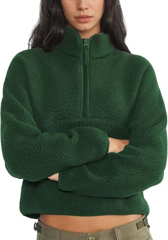 Womens Fleece Sweatshirts Cropped Half Zip Fuzzy Warm Sherpa Pullover Varsity Jackets with Zipper Pockets in Saudi Arabia