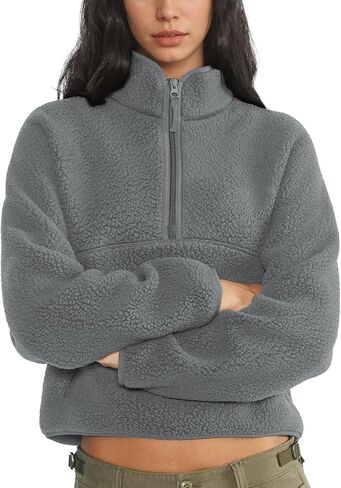 Womens Fleece Sweatshirts Cropped Half Zip Fuzzy Warm Sherpa Pullover Varsity Jackets with Zipper Pockets in Saudi Arabia