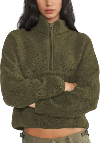 Womens Fleece Sweatshirts Cropped Half Zip Fuzzy Warm Sherpa Pullover Varsity Jackets with Zipper Pockets in Saudi Arabia