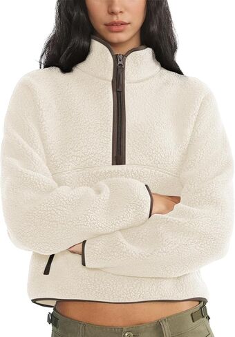 Womens Fleece Sweatshirts Cropped Half Zip Fuzzy Warm Sherpa Pullover Varsity Jackets with Zipper Pockets in Saudi Arabia
