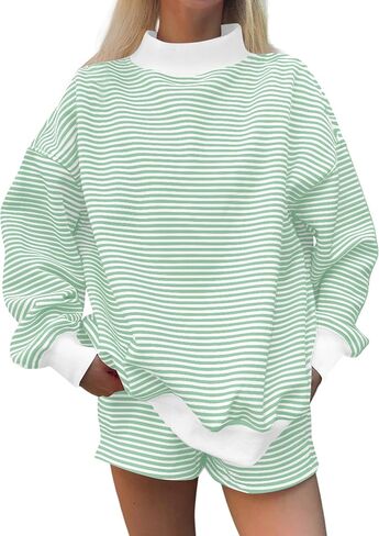 Women Oversized Mockneck Sweatshirt Striped Mock Neck Long Sleeve Pullover Shirt Fall Winter Lounge Tops in Saudi Arabia