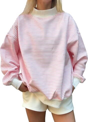 Women Oversized Mockneck Sweatshirt Striped Mock Neck Long Sleeve Pullover Shirt Fall Winter Lounge Tops in Saudi Arabia