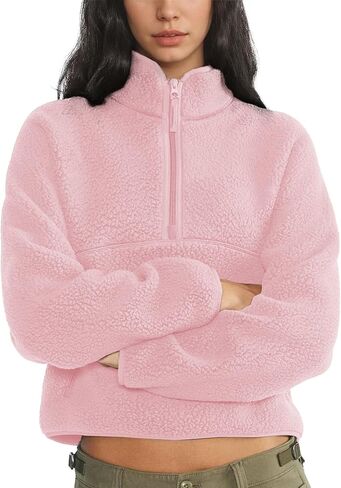 Womens Fleece Sweatshirts Cropped Half Zip Fuzzy Warm Sherpa Pullover Varsity Jackets with Zipper Pockets in Saudi Arabia