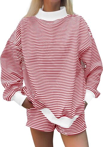 Women Oversized Mockneck Sweatshirt Striped Mock Neck Long Sleeve Pullover Shirt Fall Winter Lounge Tops in Saudi Arabia