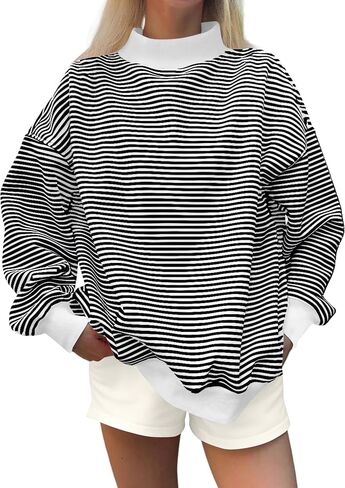 Women Oversized Mockneck Sweatshirt Striped Mock Neck Long Sleeve Pullover Shirt Fall Winter Lounge Tops in Saudi Arabia