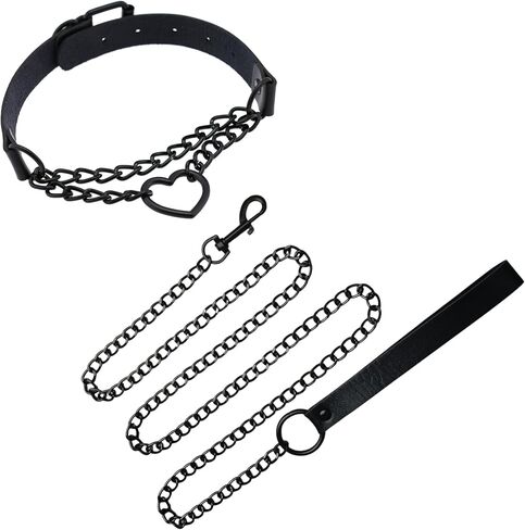 Gothic Leather Choker Collar with Leash Set for Women, Black Faux Leather Heart Pendant Punk Goth Accessories for Halloween Cosplay Rave Party in Saudi Arabia