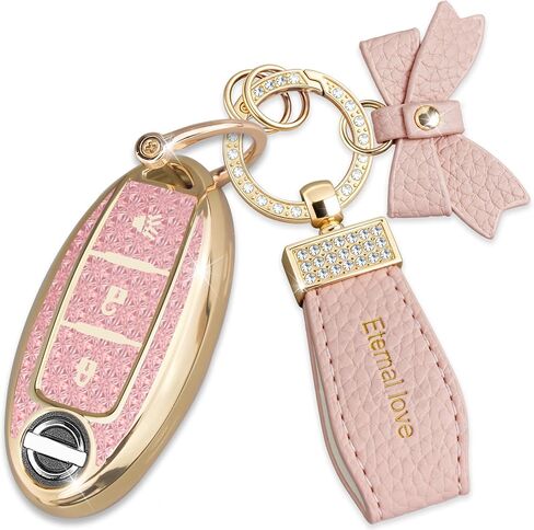 Key Fob Cover with Diamond Keychain for Nissan Car Key Shell Compatible with Altima Rogue Sentra Pathfinder Frontier Maxima Titan Murano Kicks Juke Versa (3 Buttons-Pink Bowknot) in Kuwait