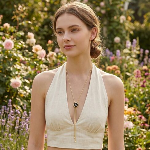 Initial Necklaces for Women - Dainty Black and Gold Lariat Long Chain Letter Disc Y Necklaces, Bolo Tie Accessories Trendy Western Gold Jewelry Personalized Gifts for Women in Saudi Arabia