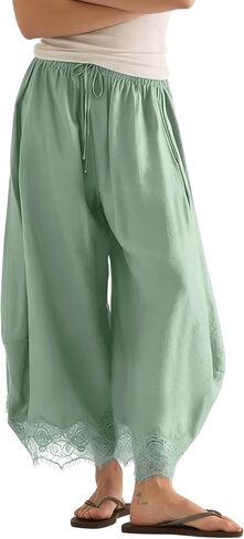 PUWEI Women's Cropped Lace-Hem Pants High Waisted Drawstring Wide Leg Pants Casual Lightweight Trousers with Pockets in Kuwait