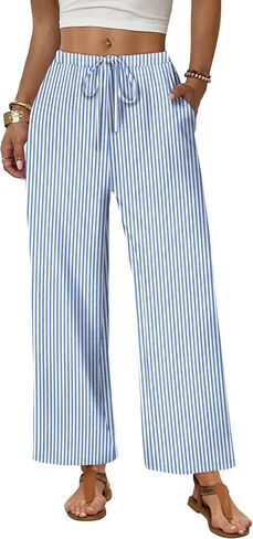 Sampeel Wide Leg Pants Women Casual Palazzo Drawstring Elastic Waist Trousers with Pockets Summer Beach Vacation Clothes in Kuwait