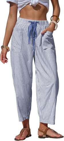 EXLURA Womens Summer Faux Linen Striped Barrel Pants Comfy Drawstring Capri Pant with Pockets Beach Vacation Lounge Trousers in Kuwait