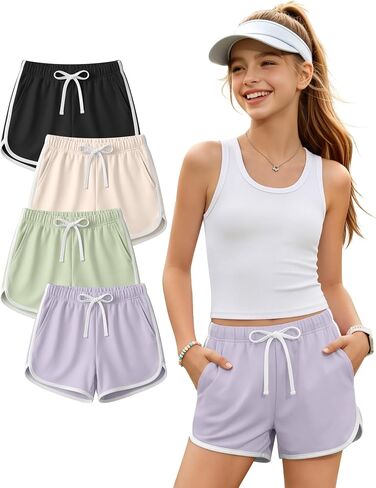 Halfchet 4 Pack Girls' Athletic Dolphin Shorts Elastic Waist Drawstring Running Short Sweatpants with Pockets 5-16 Years in Kuwait