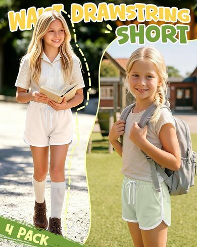 Halfchet 4 Pack Girls' Athletic Dolphin Shorts Elastic Waist Drawstring Running Short Sweatpants with Pockets 5-16 Years in Kuwait