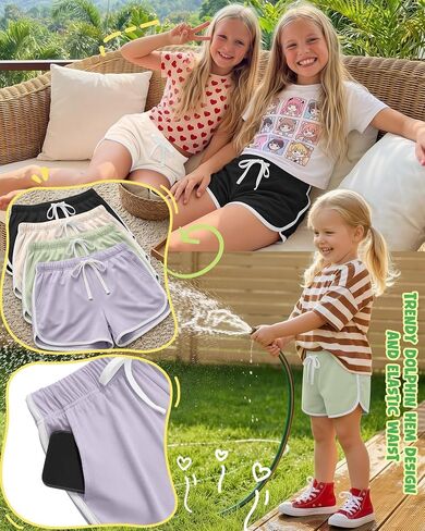 Halfchet 4 Pack Girls' Athletic Dolphin Shorts Elastic Waist Drawstring Running Short Sweatpants with Pockets 5-16 Years in Kuwait