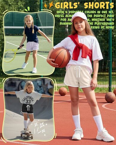 Halfchet 4 Pack Girls' Athletic Dolphin Shorts Elastic Waist Drawstring Running Short Sweatpants with Pockets 5-16 Years in Kuwait