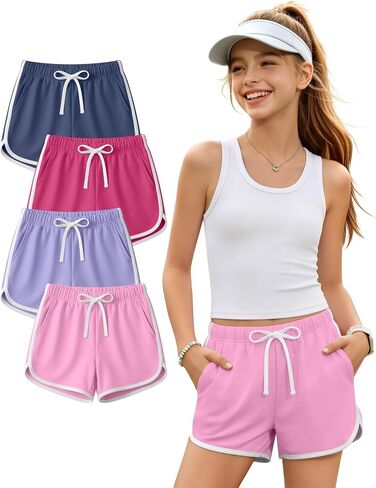Halfchet 4 Pack Girls' Athletic Dolphin Shorts Elastic Waist Drawstring Running Short Sweatpants with Pockets 5-16 Years in Kuwait