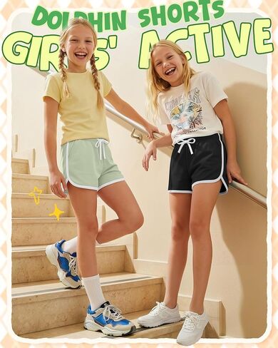Halfchet 4 Pack Girls' Athletic Dolphin Shorts Elastic Waist Drawstring Running Short Sweatpants with Pockets 5-16 Years in Kuwait