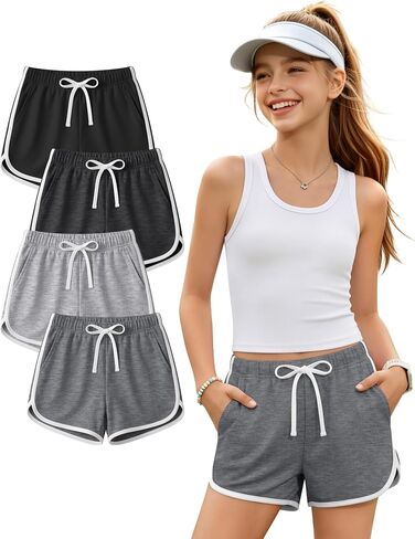 Halfchet 4 Pack Girls' Athletic Dolphin Shorts Elastic Waist Drawstring Running Short Sweatpants with Pockets 5-16 Years in Kuwait
