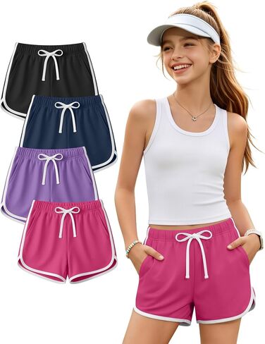 Halfchet 4 Pack Girls' Athletic Dolphin Shorts Elastic Waist Drawstring Running Short Sweatpants with Pockets 5-16 Years in Kuwait