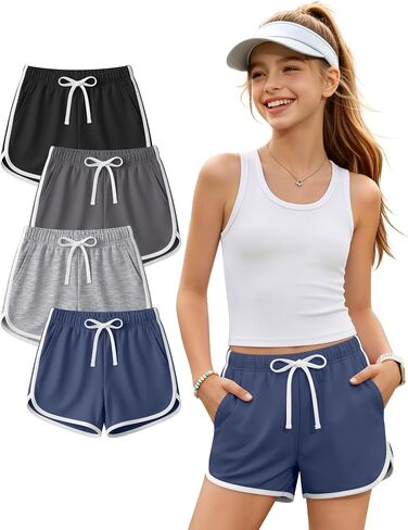 Halfchet 4 Pack Girls' Athletic Dolphin Shorts Elastic Waist Drawstring Running Short Sweatpants with Pockets 5-16 Years in Kuwait