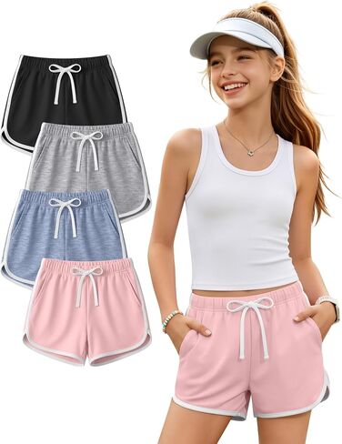 Halfchet 4 Pack Girls' Athletic Dolphin Shorts Elastic Waist Drawstring Running Short Sweatpants with Pockets 5-16 Years in Kuwait