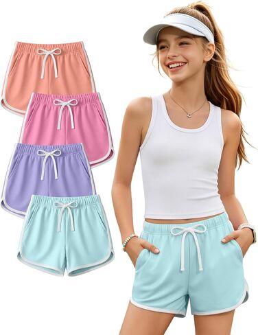 Halfchet 4 Pack Girls' Athletic Dolphin Shorts Elastic Waist Drawstring Running Short Sweatpants with Pockets 5-16 Years in Kuwait