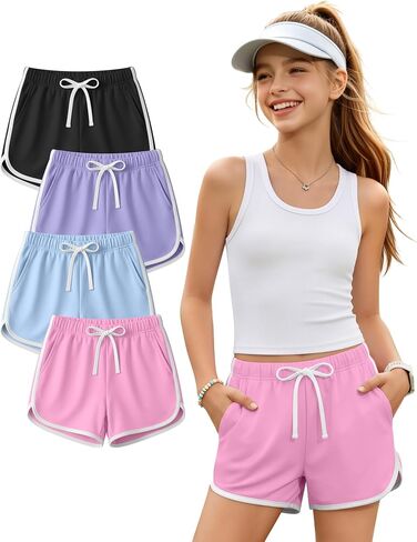 Halfchet 4 Pack Girls' Athletic Dolphin Shorts Elastic Waist Drawstring Running Short Sweatpants with Pockets 5-16 Years in Kuwait